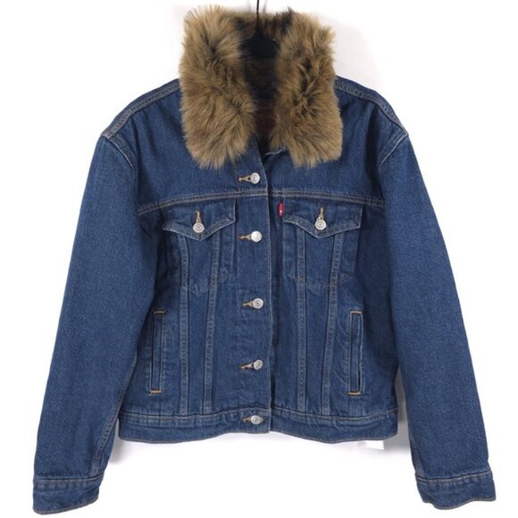 LEVI’S Ex-boyfriend Trucker Denim Jacket Faux Fur Collar Quilted Lining SMALL - Picture 1 of 16